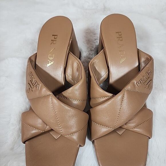 Prada - Cross Strap Leather Backless Sandal Slide Heel Pump Brown Size 7.5 - Picture 4 of 12